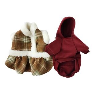 Yikeyo Pet Clothing Set XS Burgundy Hoodie and Plaid Faux Fur Trim Dress Vest